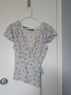 Light Blue Floral Wrap Top with Pink Flower Print